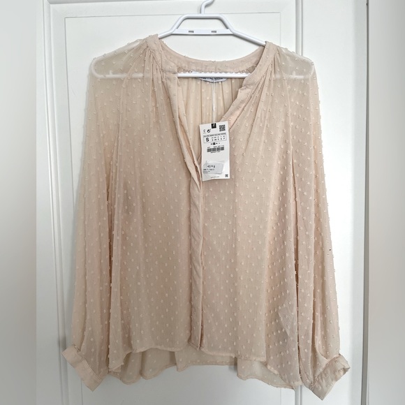 Zara Tops - ZARA Sheer Creme Textured Dot Blouse size S BNWT